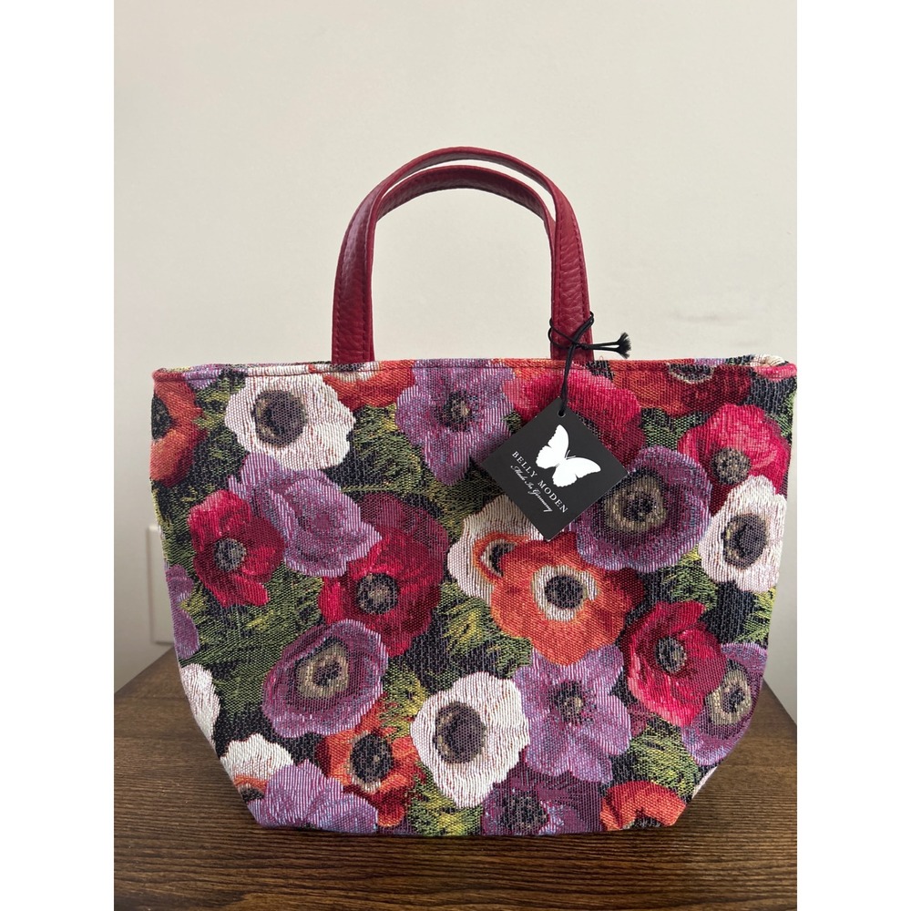Belly Moden Germany Floral Tapestry Mini Tote Bag Red Leather Handle Anemone NWT